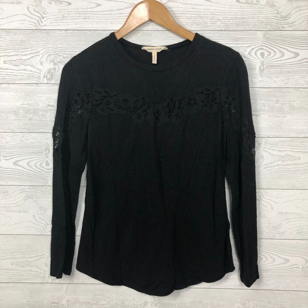 Rebecca Taylor Women's Small Lace Trim Long Sleeve Knit Shirt Solid Black Top